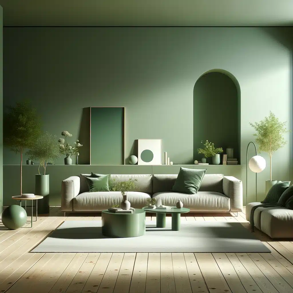 un salon minimaliste dans une ambiance verte