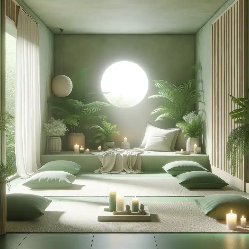 Image d'un espace méditatif Zen, illustrant la tranquillité et le minimalisme vert avec coussins et bougies naturelles.