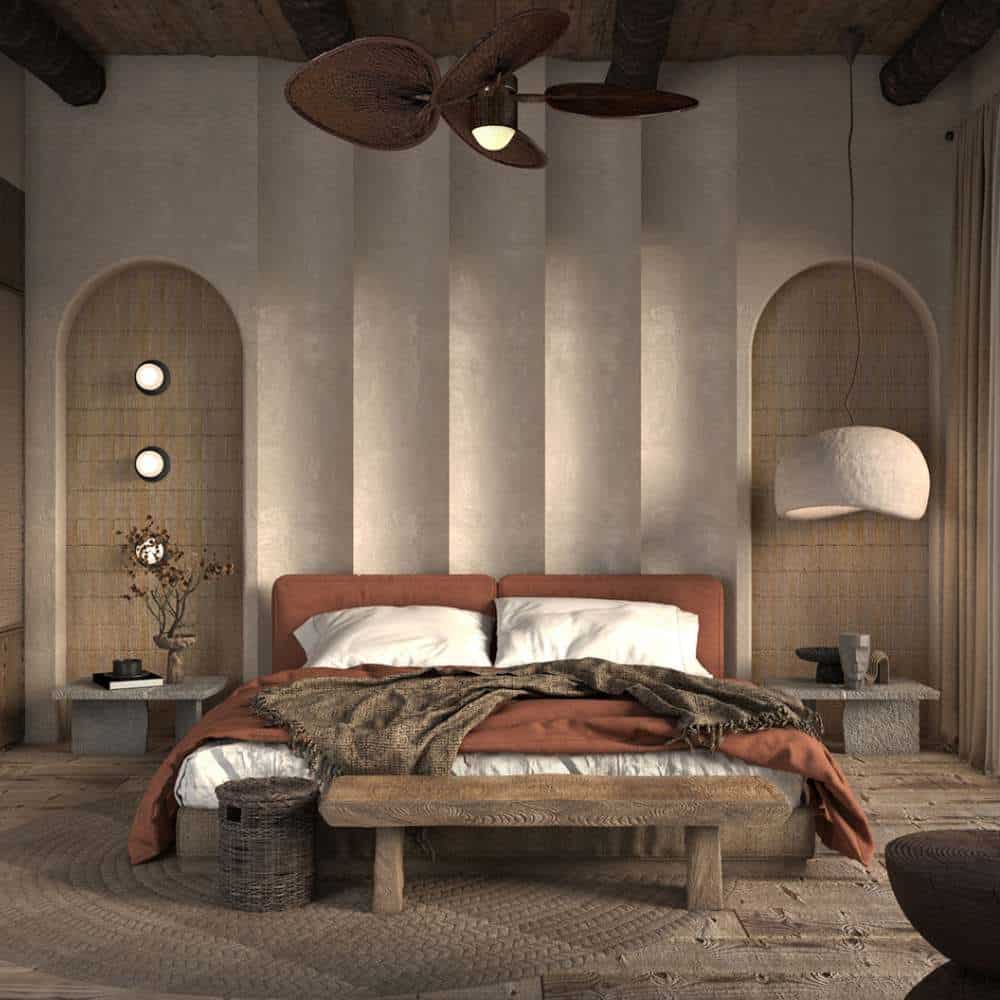 Une chambre à coucher dans un décor de type wabi-sabi